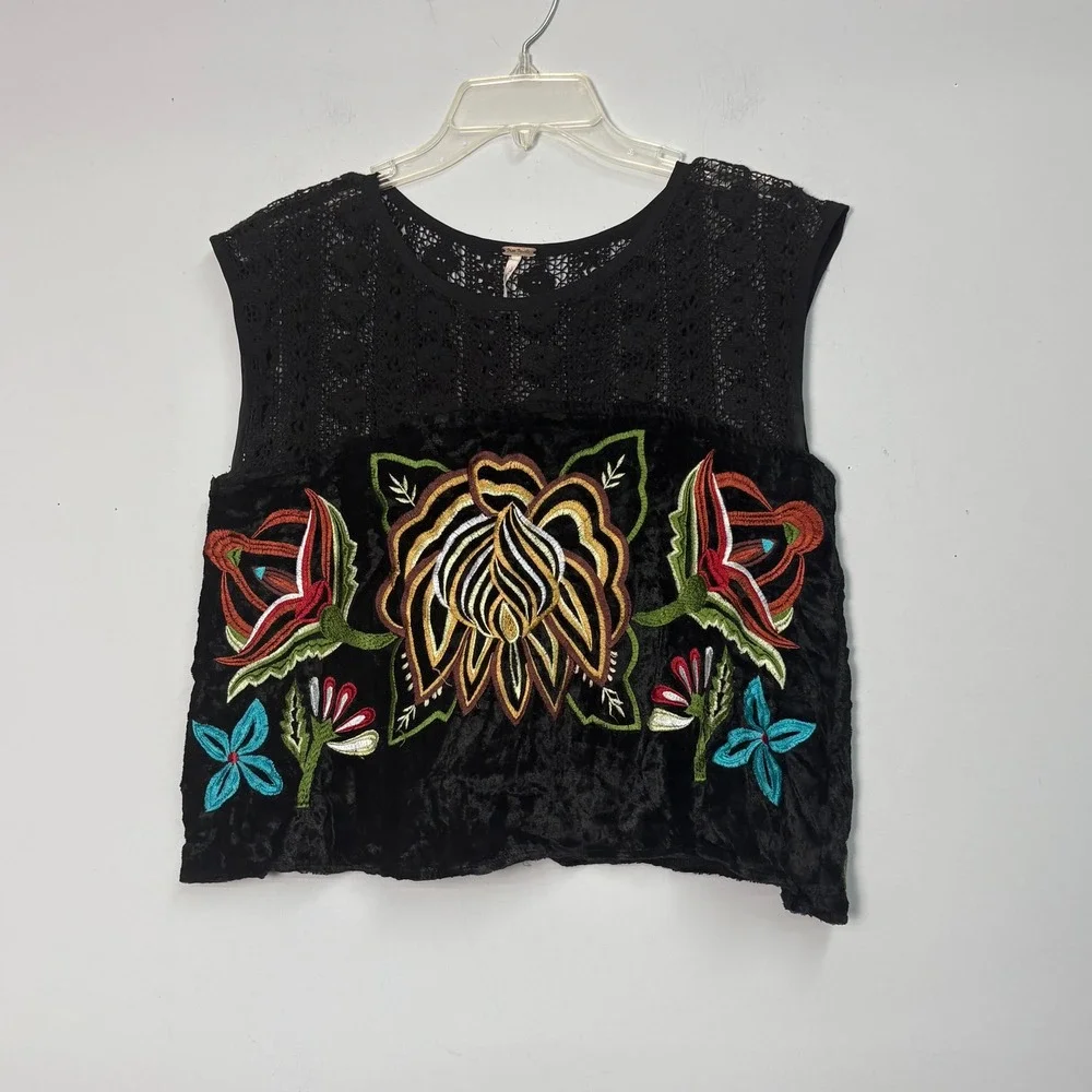 Free People Black Velvet Embroidered Floral Lace Yoke Boho Tank Top Medium